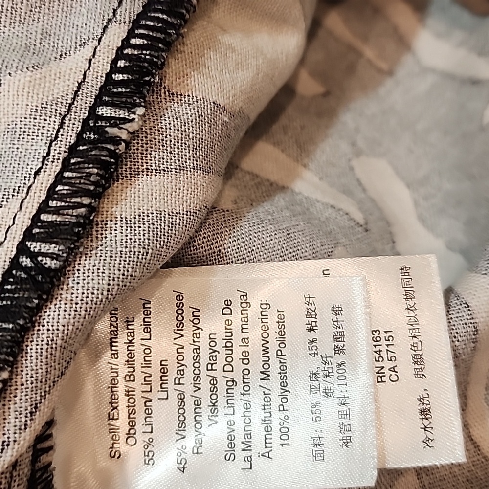 DKNY Black & Beige Abstract Puff-Sleeve Blouse Medium Linen Blend - Picture 3 of 6